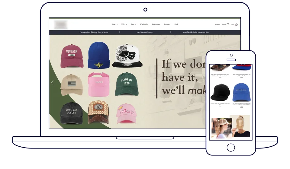 Redesigned apparel store home page on a laptop and phone, with a hero banner of embroidered caps