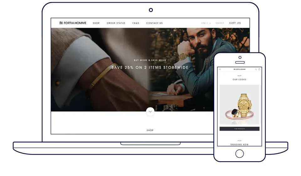 Fortia Homme home page on a laptop and phone, with a split hero promoting a storewide sale