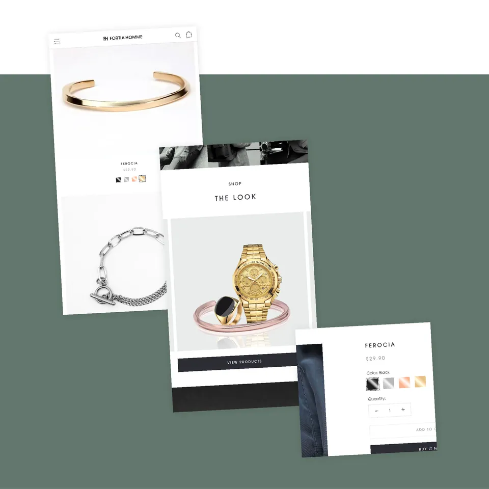 Fortia mobile product pages showing bracelets, a gold watch and custom color swatches