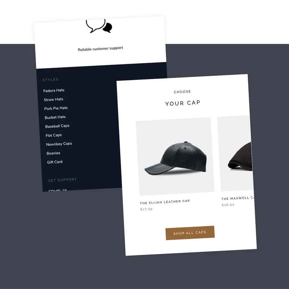 Thovon mobile menu listing hat styles, next to a product card for a black leather cap